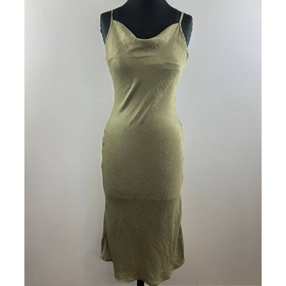 Yellow the Label Green Silky Satin Cowl Neck Strappy Pullover Midi Slip Dress S - Picture 2 of 7